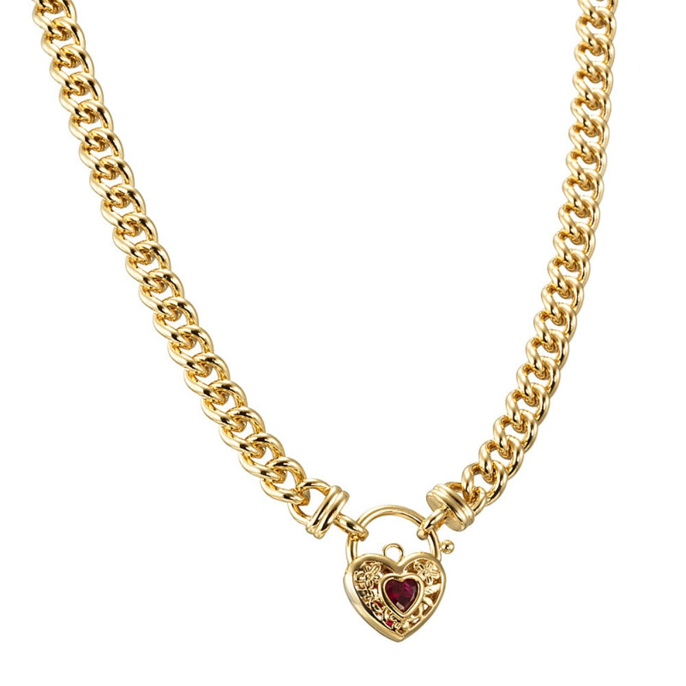 18ct Heavy Yellow Gold Plated Euro Chain Necklace with a Filigree Locket Featuring a Simulated Ruby - USA Made-2